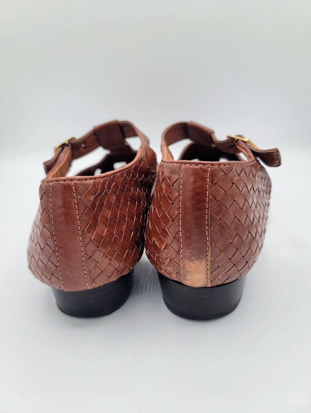 Etienne Aigner Toba Woven Leather T Strap Peep Toe Shoes Womens 9.5 M Brazil 80s - Picture 4 of 16